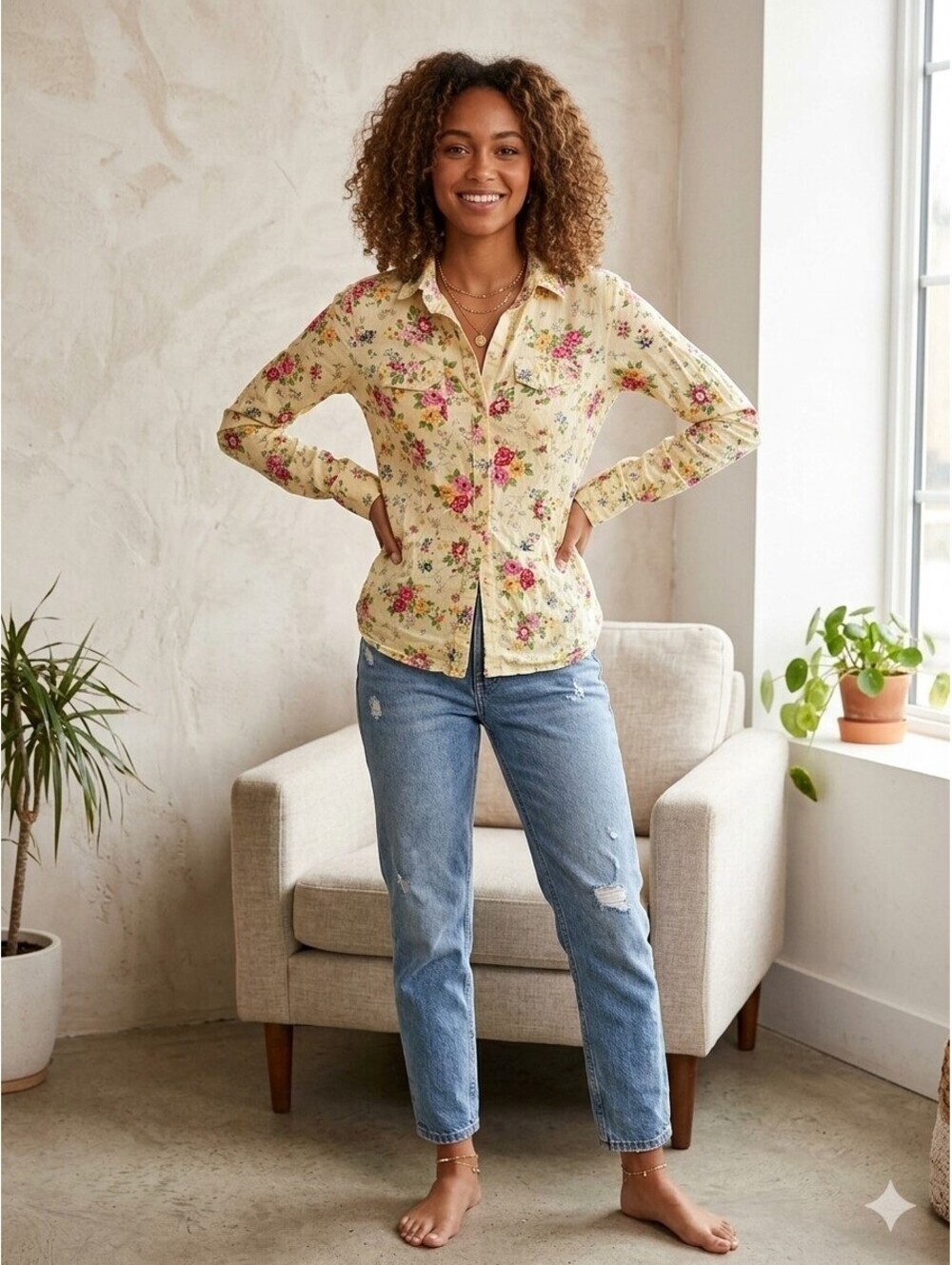 L.e.i. Shirt Juniors S White Floral Snap Button Long Sleeve Collared Fitted